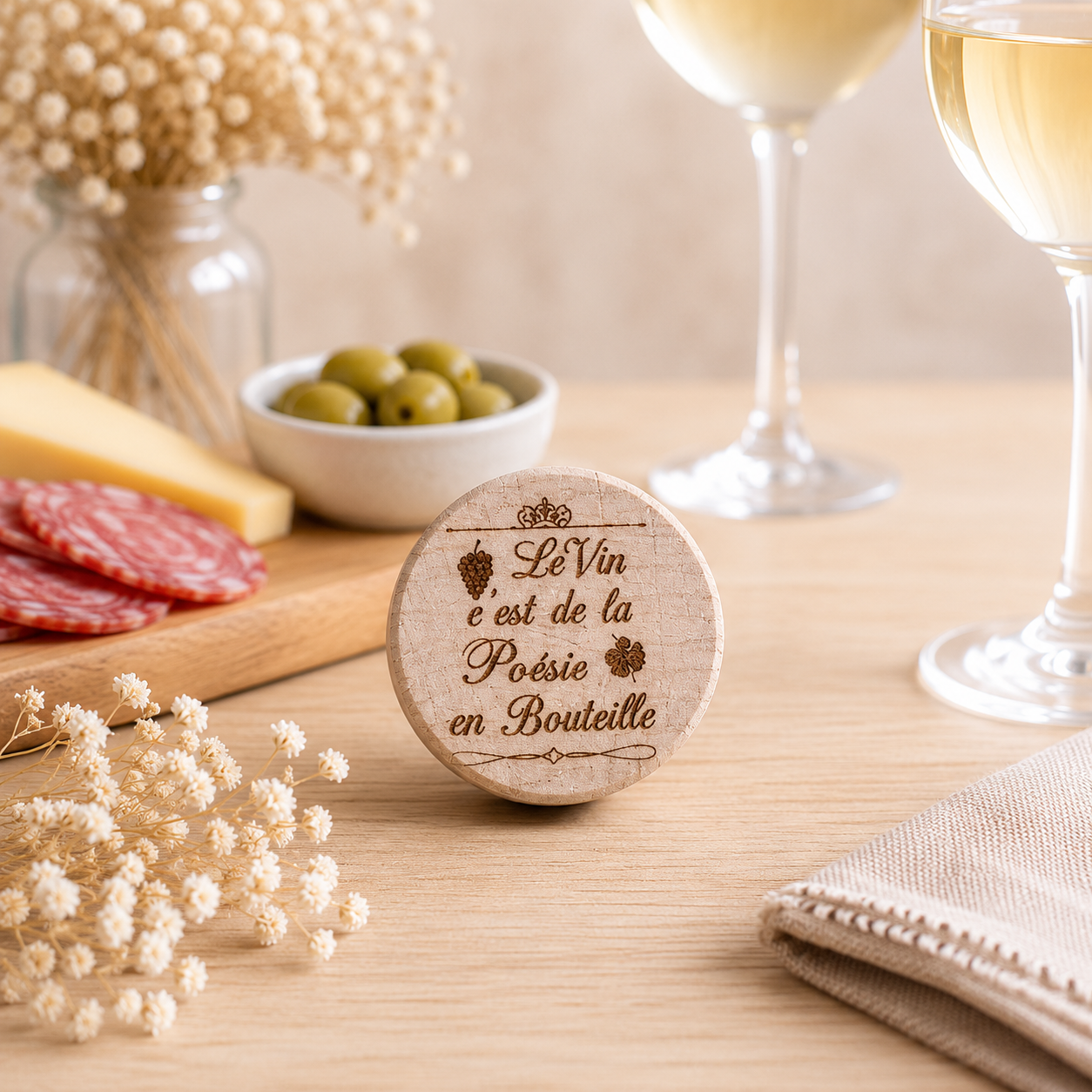 Bouchon "le vin..." — bouchons de bouteille en bois gravé, fait main