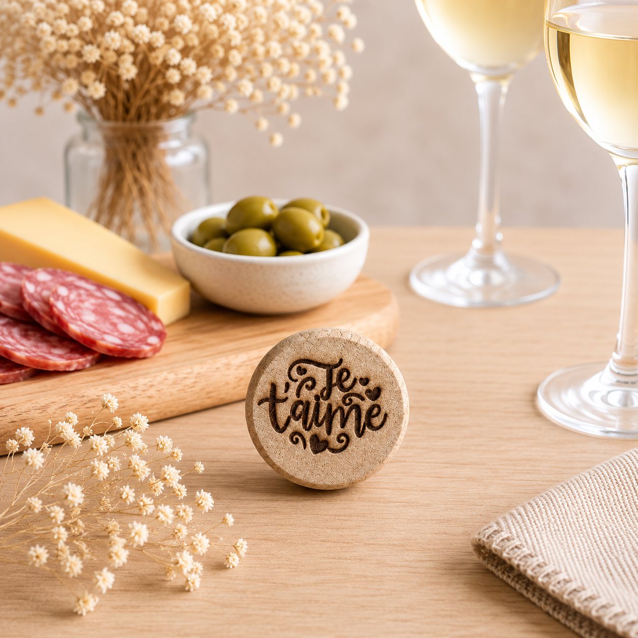 Bouchon "je t'aime" — bouchons de bouteille en bois gravé, fait main