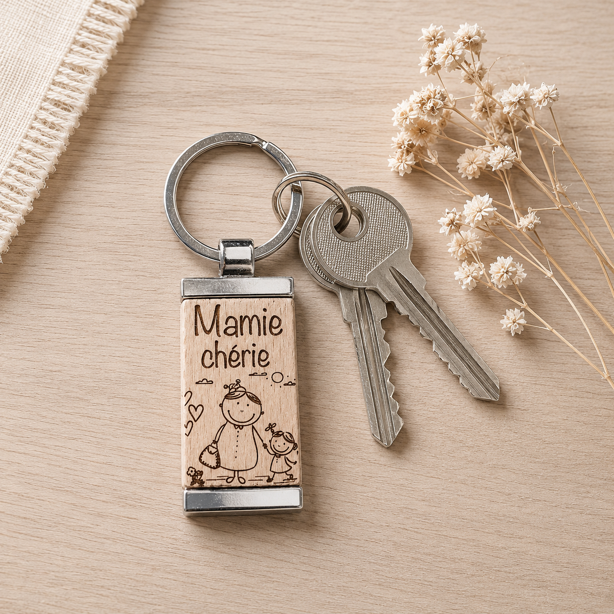 Porte clé mamie — fêtes en bois gravé, fait main