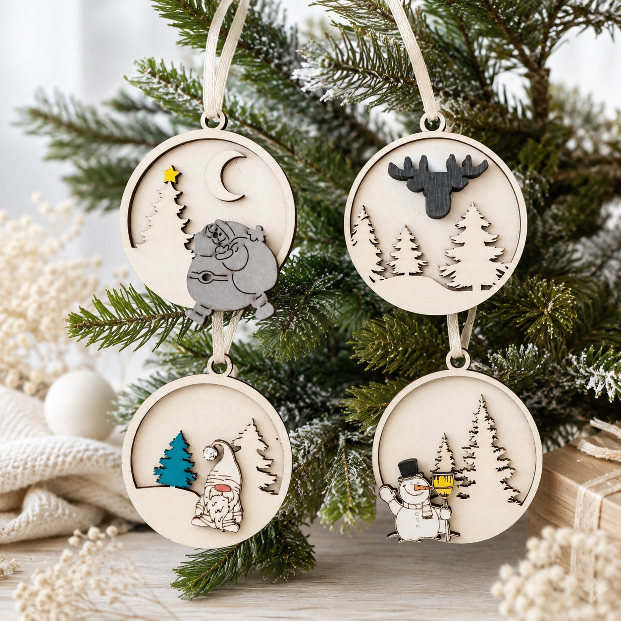 Lot de 4 boules en bois — noël en bois gravé, fait main