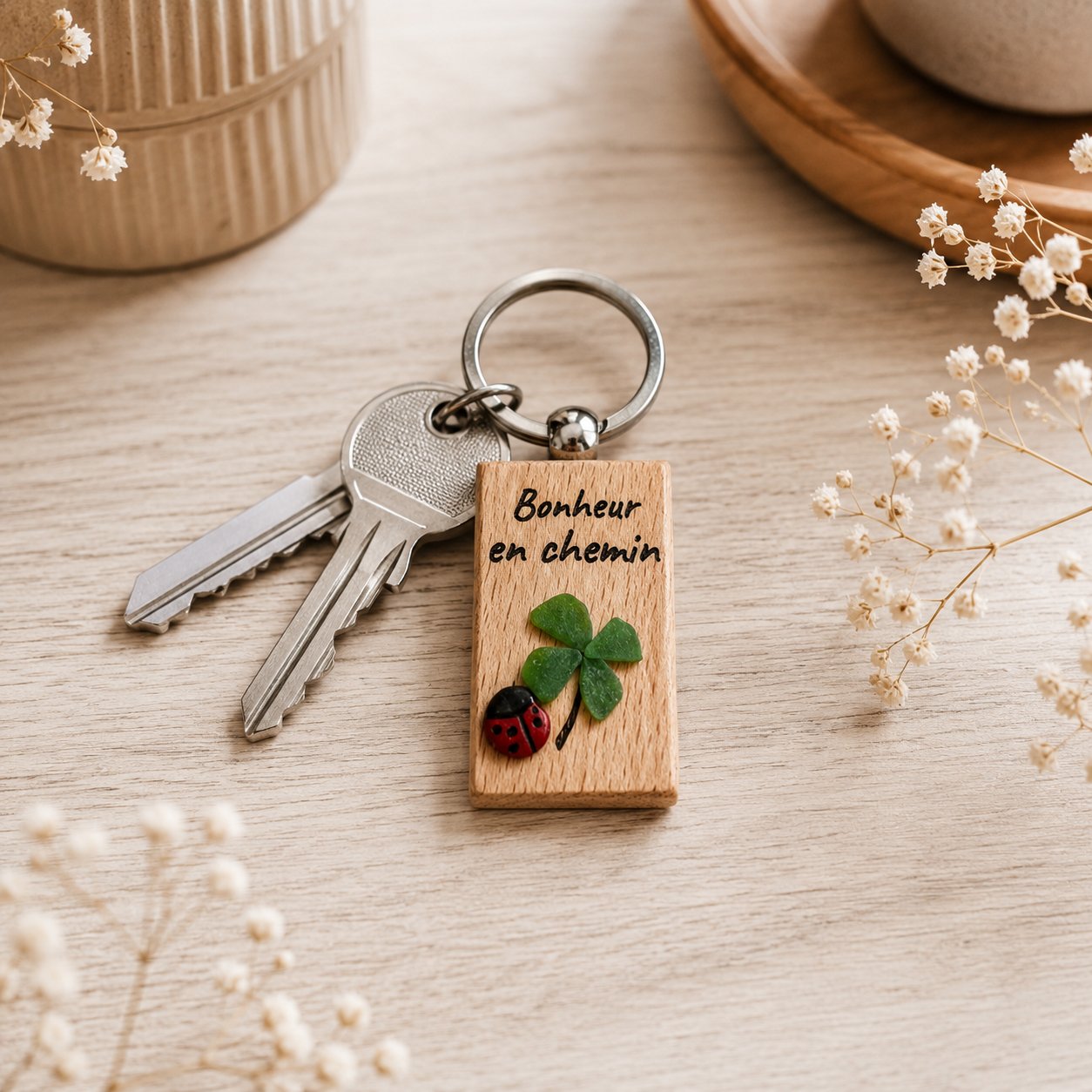 Porte clé porte bonheur — plaisir d'offrir — création artisanale Scrapnwood