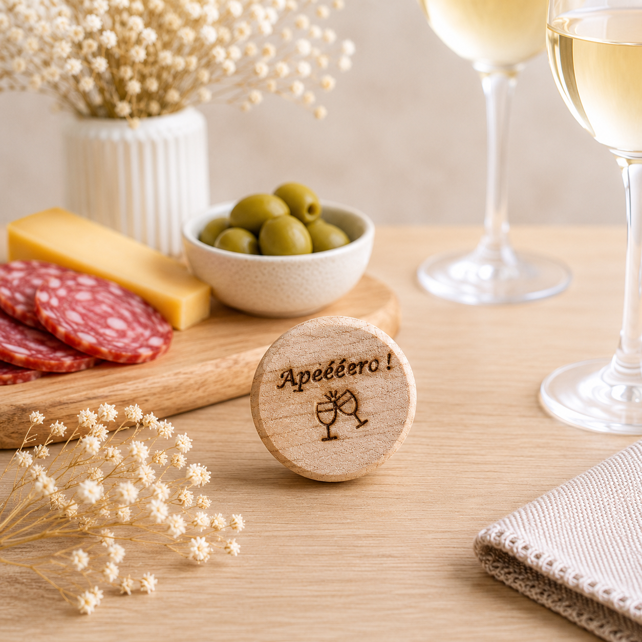Bouchon "apééééro!" — bouchons de bouteille en bois gravé, fait main
