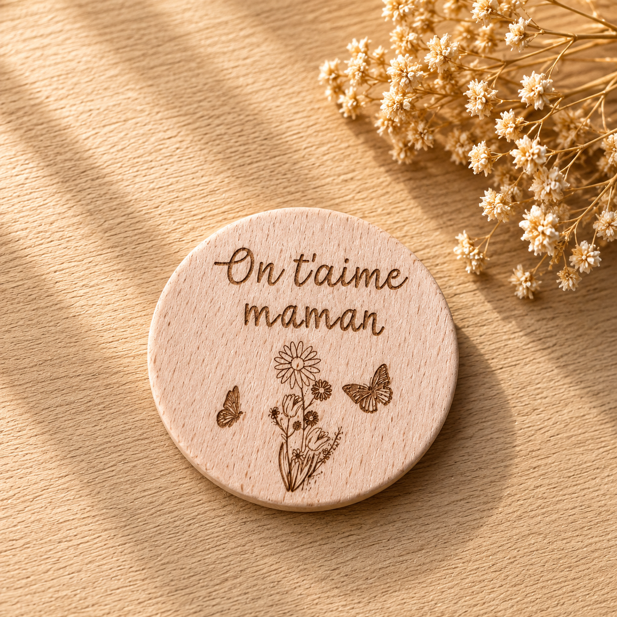 Magnet "on t'aime maman" — spécial maman en bois gravé, fait main