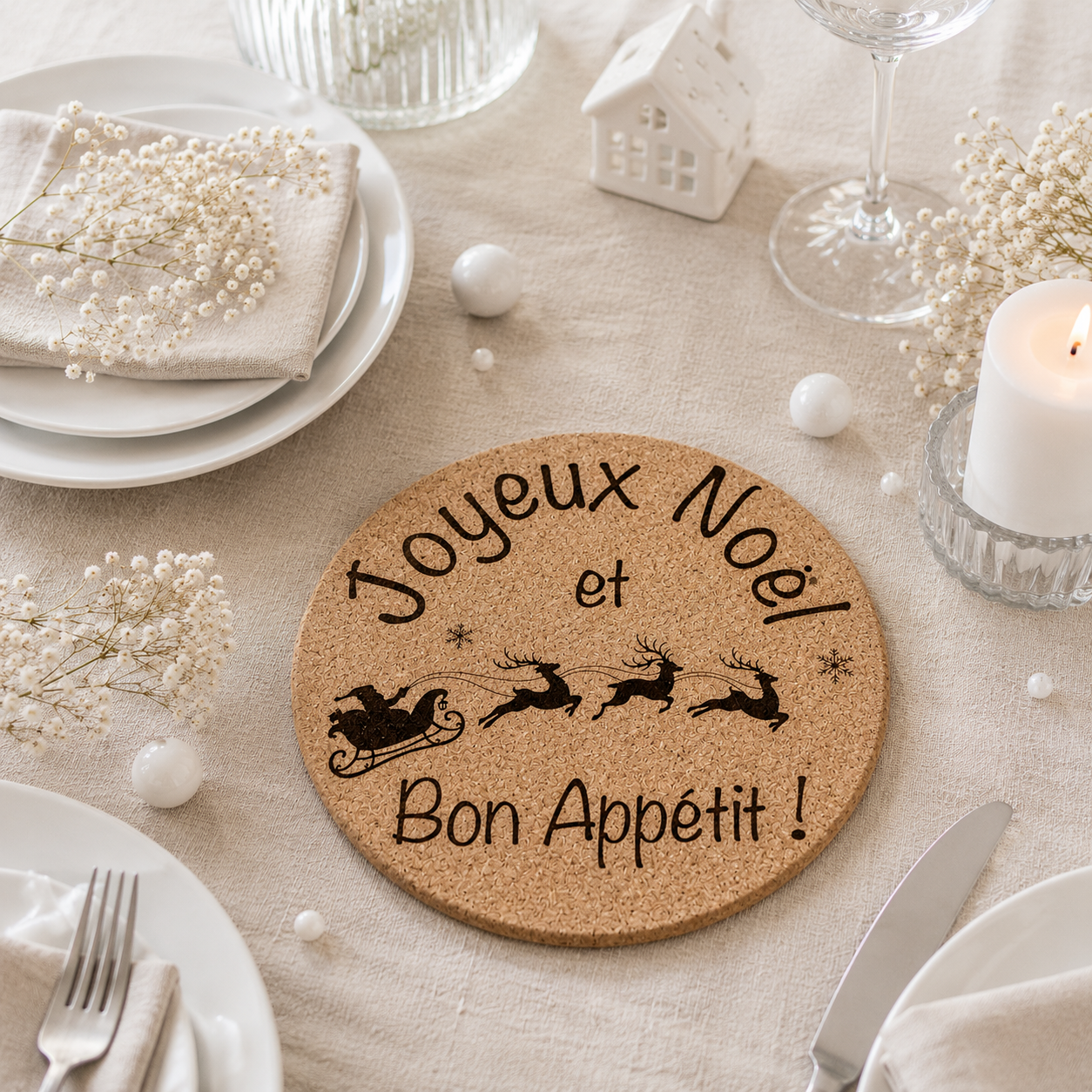 Dessous de plat "joyeux Noël" — décorations de table en bois gravé, fait main