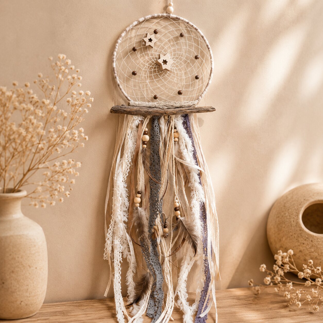 Attrape rêves beige — attrapes rêves — création artisanale Scrapnwood