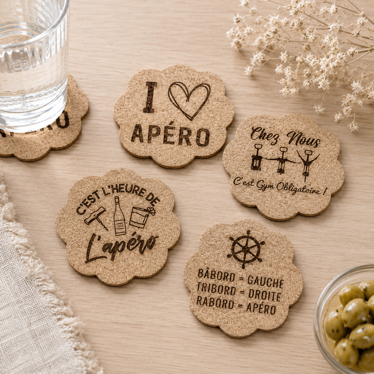 Lot de 4 dessous de verres — dessous de verre et de tasse en bois gravé, fait main