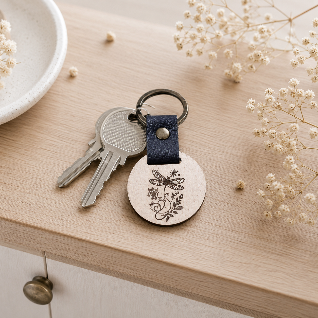 porte clé en bois libellule — portes clés en bois gravé, fait main