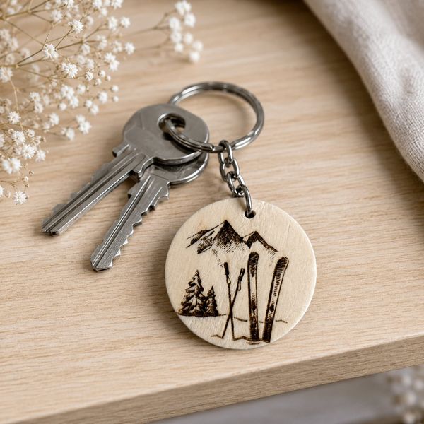 Porte clé en bois ski