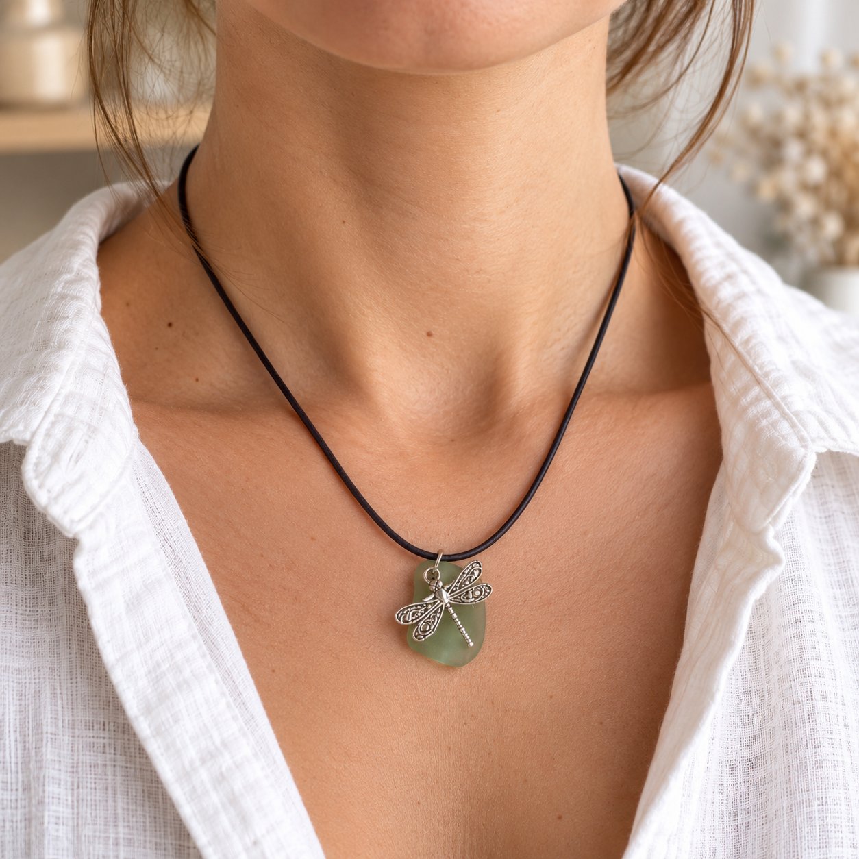 Collier verre poli libellule — bijoux — création artisanale Scrapnwood