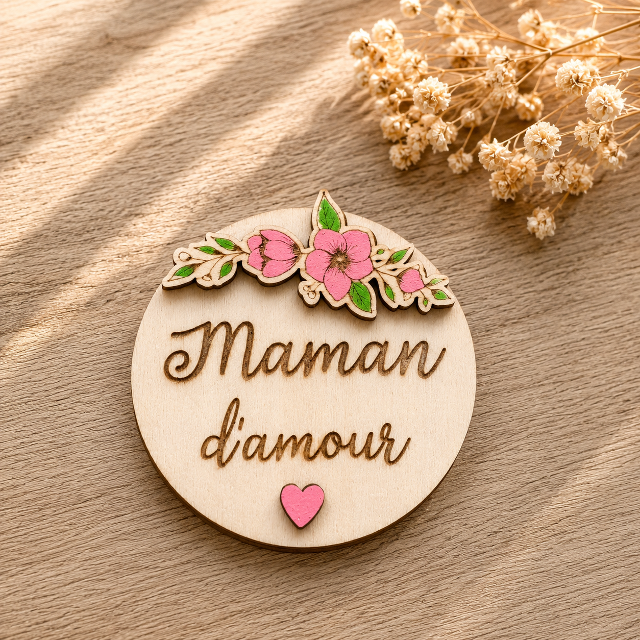 Magnet " maman d'amour" — spécial maman en bois gravé, fait main