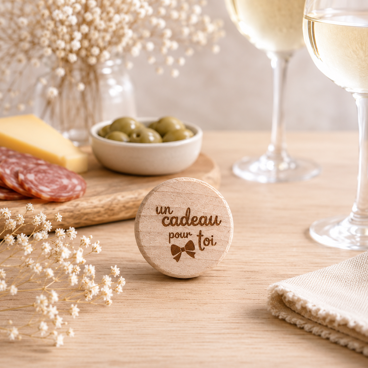 Bouchon "un cadeau pour toi" — bouchons de bouteille en bois gravé, fait main