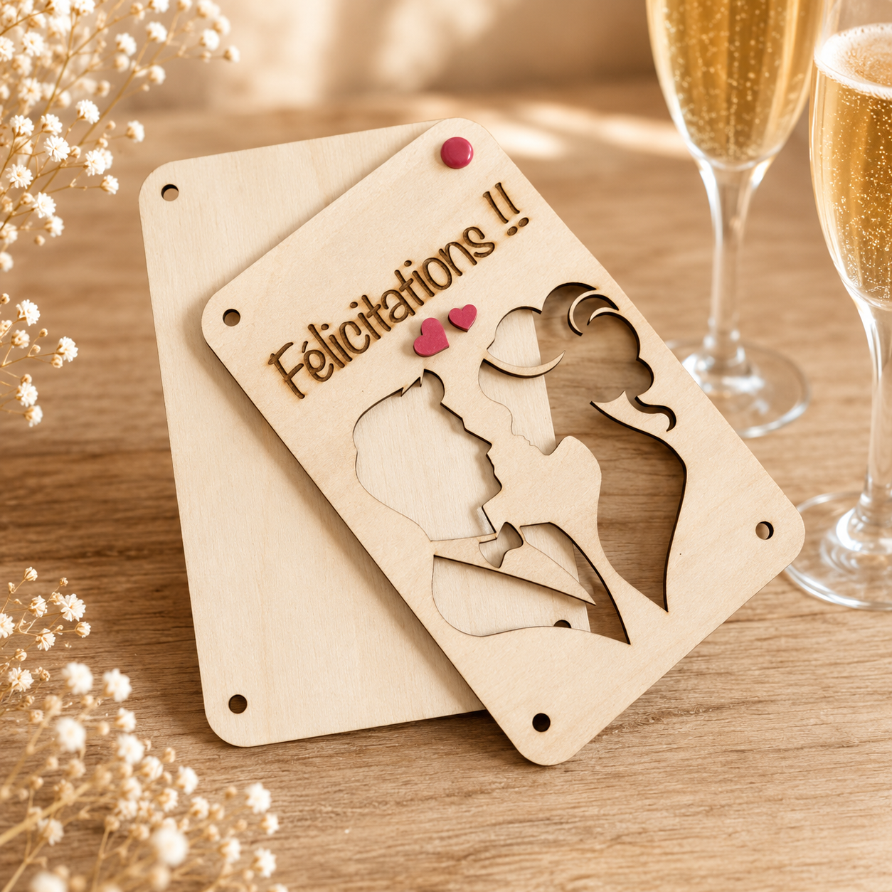 Carte cadeau mariage — cartes cadeau gravées en bois gravé, fait main