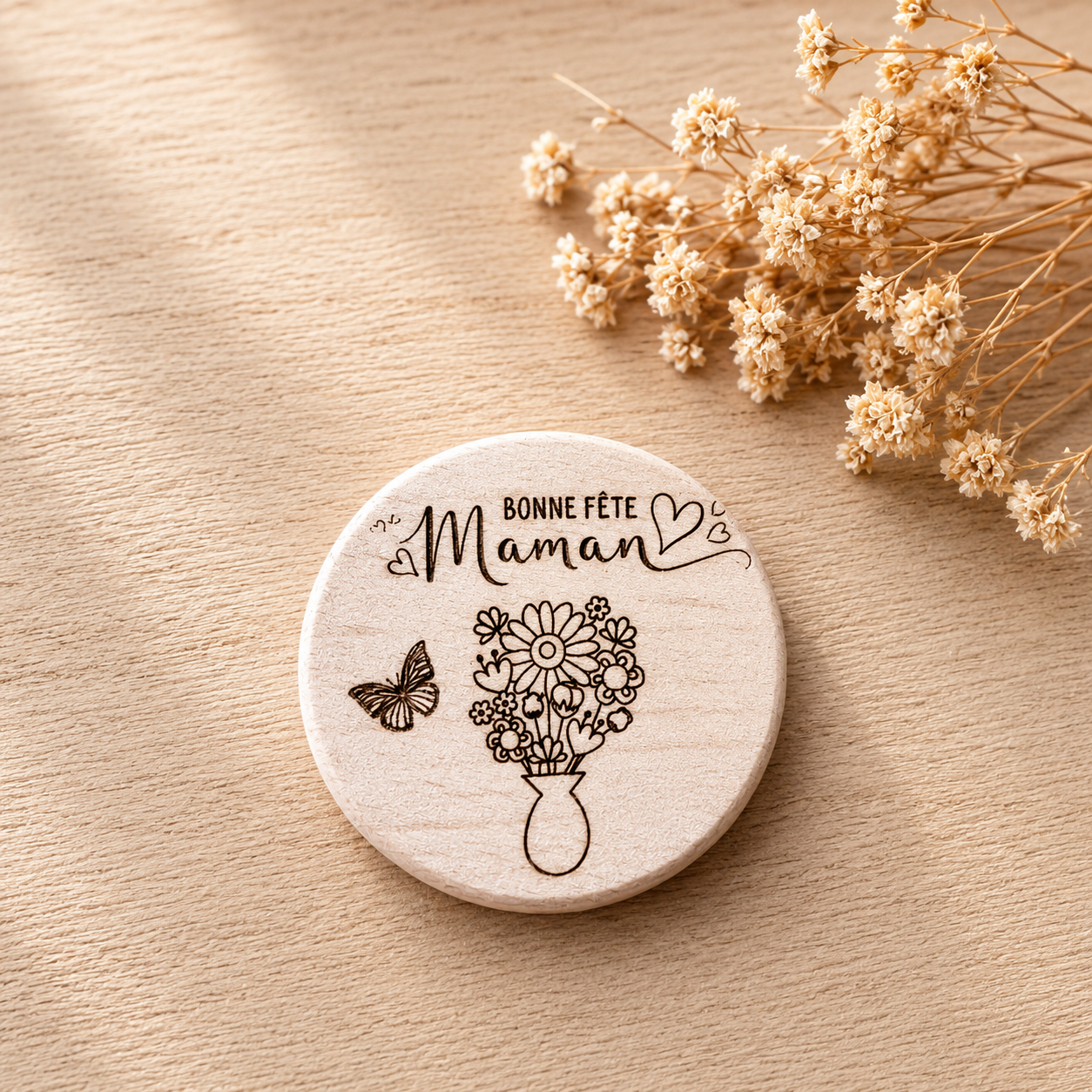 Magnet "bonne fête maman" — spécial maman en bois gravé, fait main