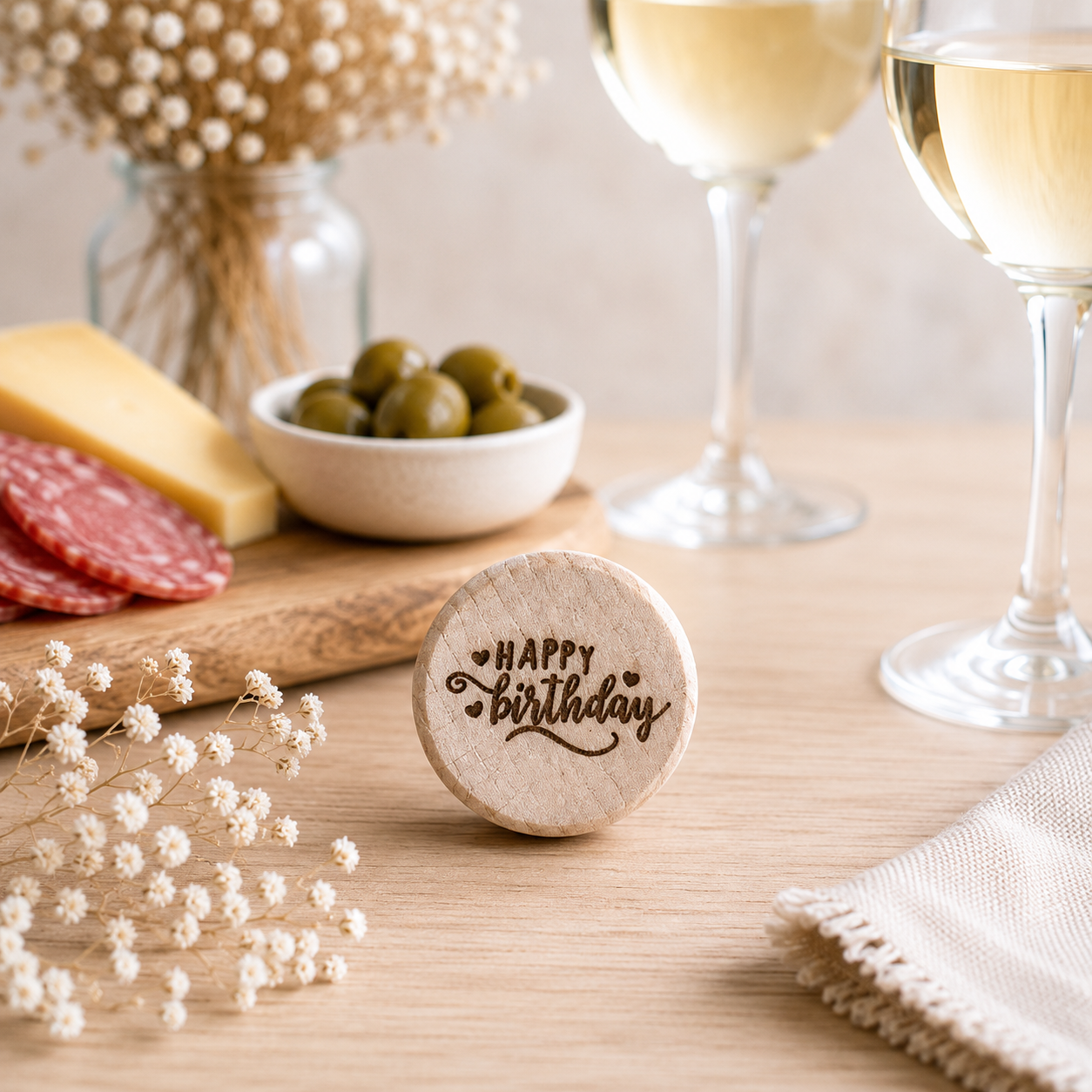 Bouchon "happy birthday" — bouchons de bouteille en bois gravé, fait main