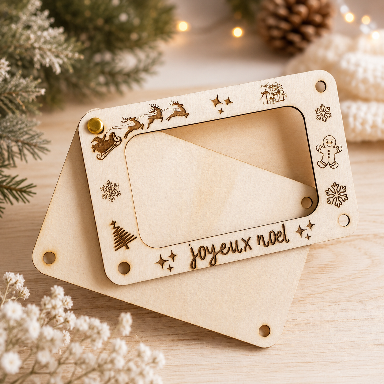 Carte étrennes — noël en bois gravé, fait main