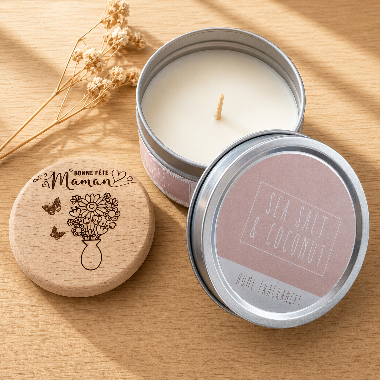 Bougie parfumée et son magnet — spécial maman en bois gravé, fait main