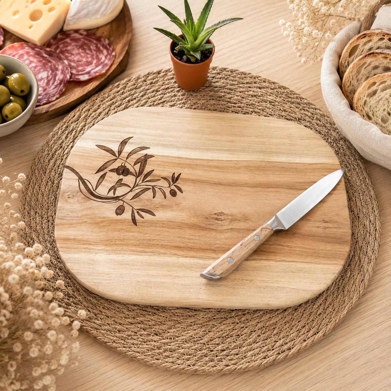 Planche apéro xl gravée " branche d'olivier" — création artisanale Scrapnwood