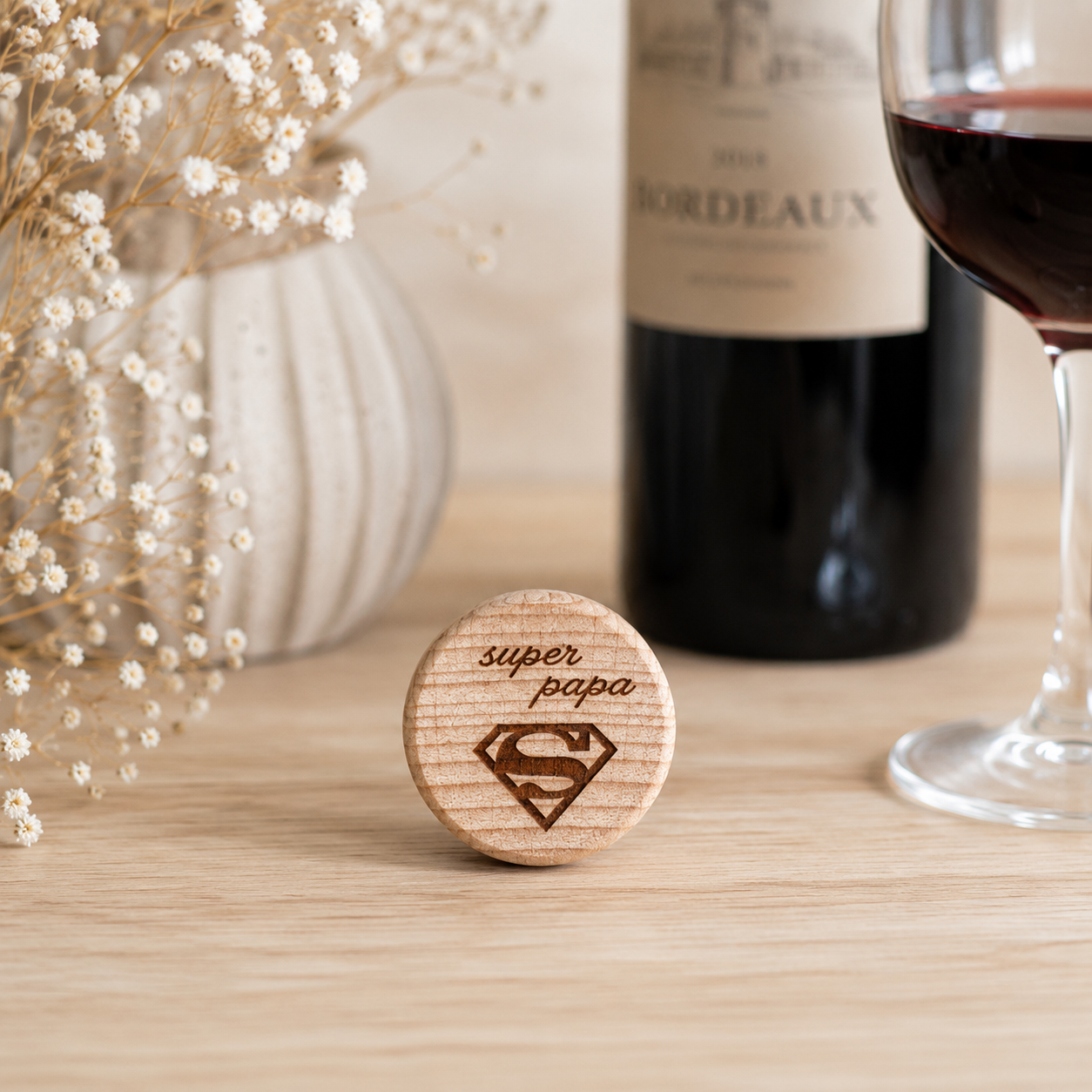 Bouchon "super papa" — bouchons de bouteille en bois gravé, fait main