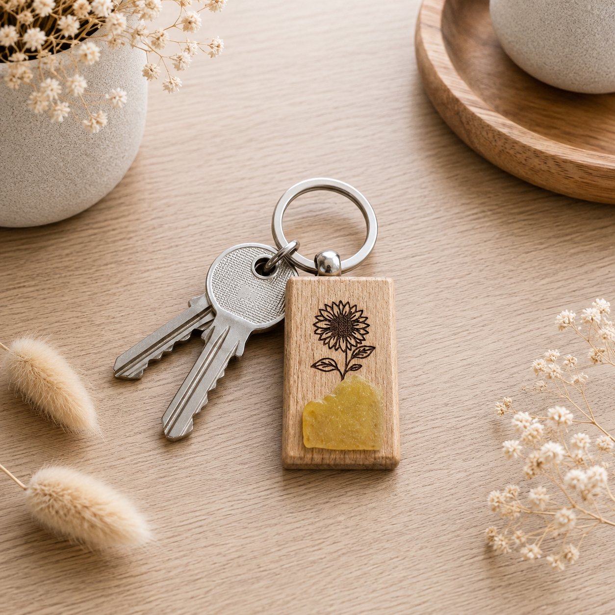 Porte clé tournesol — plaisir d'offrir — création artisanale Scrapnwood