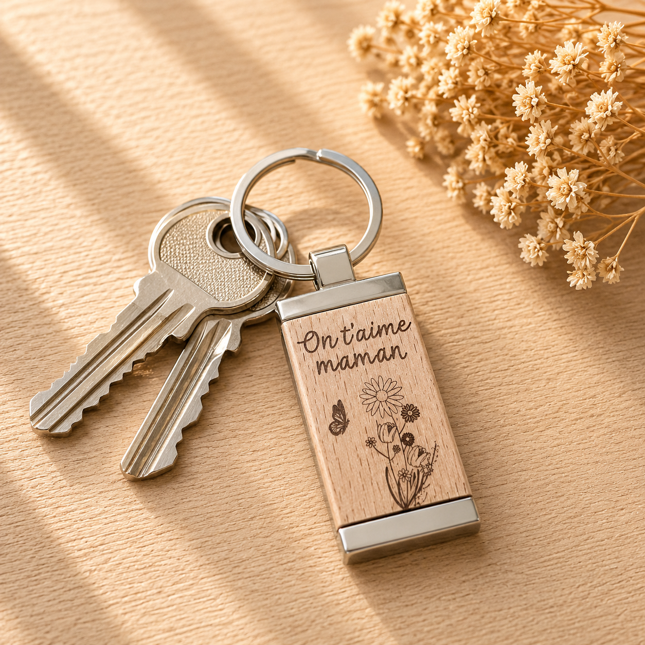 Porte clé "on t'aime maman" — spécial maman en bois gravé, fait main