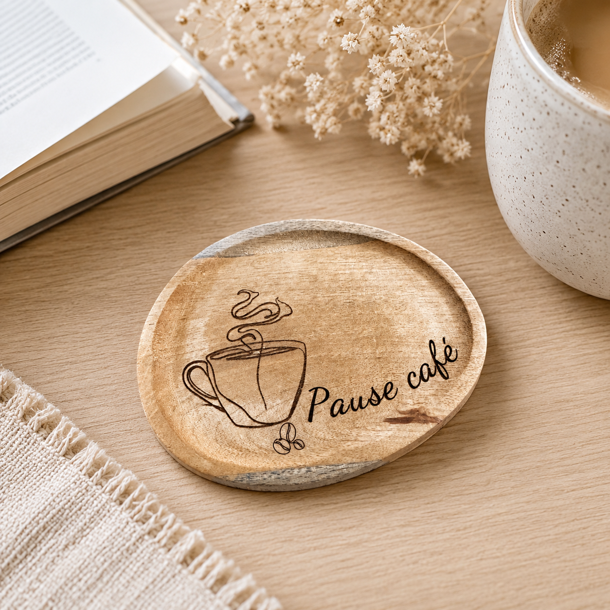 Dessous de tasse — dessous de verre et de tasse en bois gravé, fait main