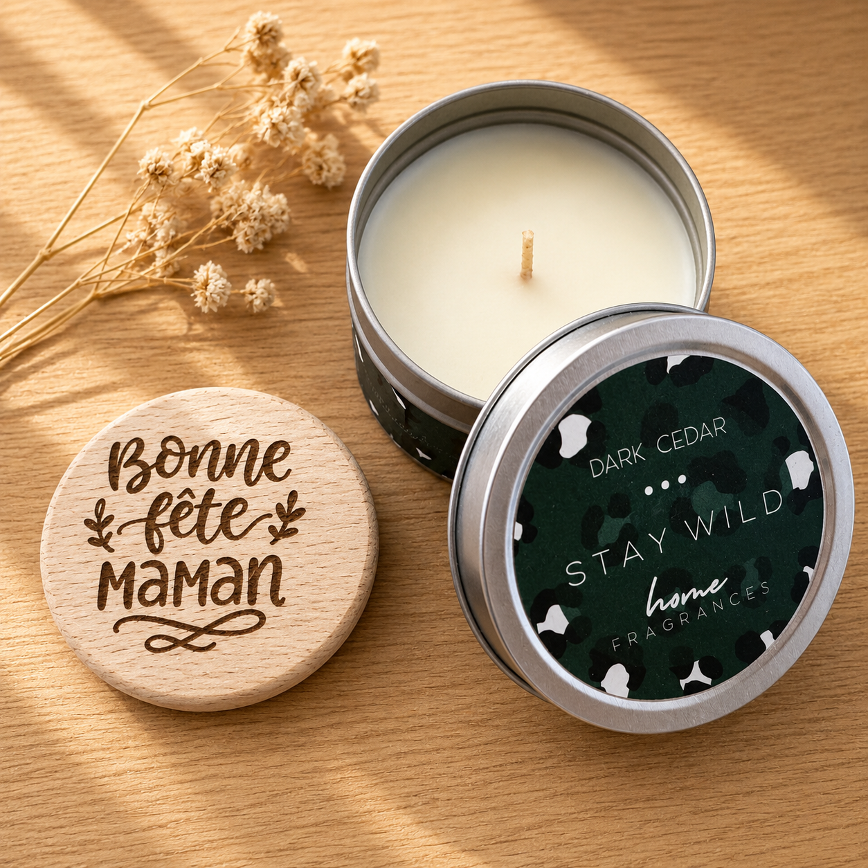 Bougie parfumée et son magnet — spécial maman en bois gravé, fait main