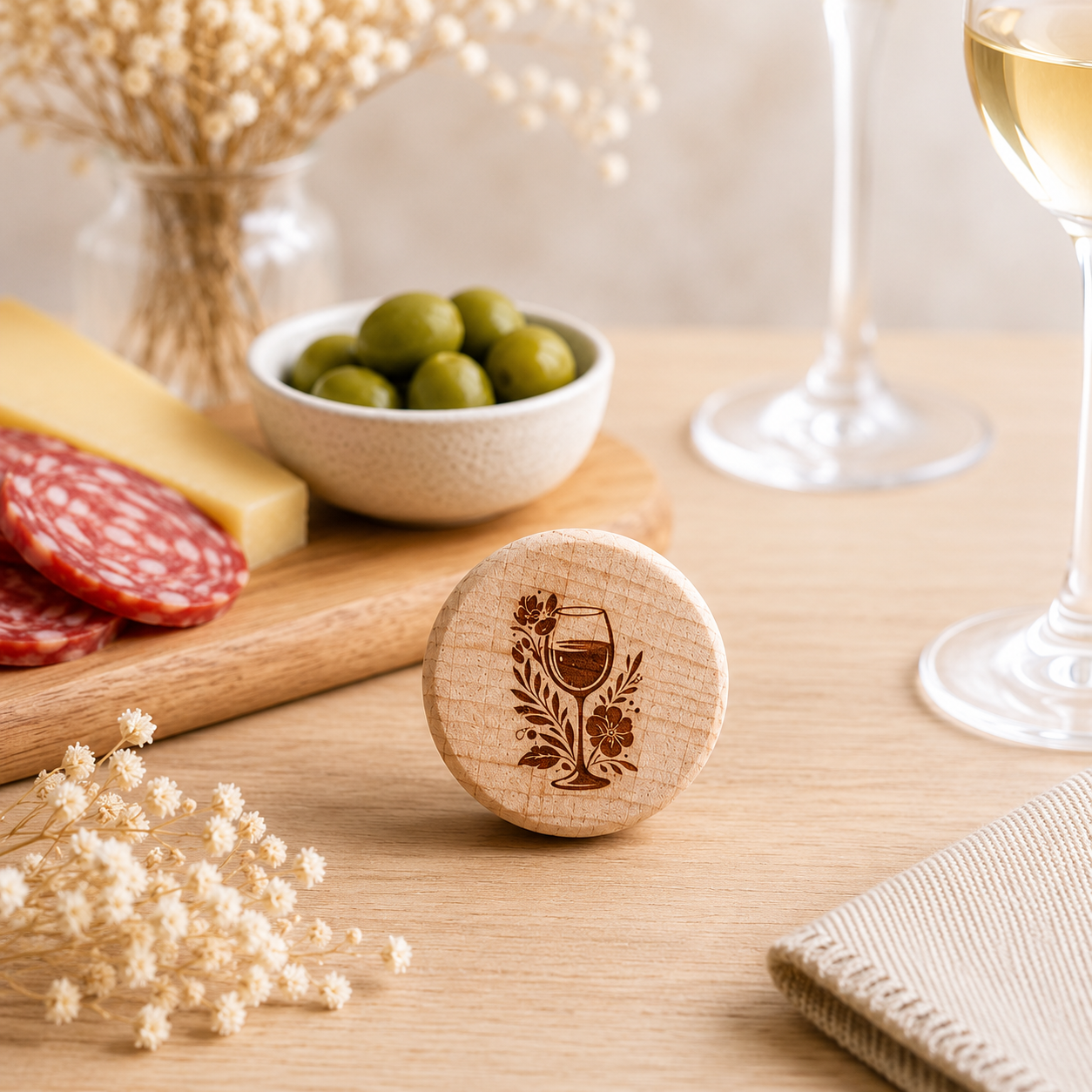 Bouchon "verre de vin" — bouchons de bouteille en bois gravé, fait main
