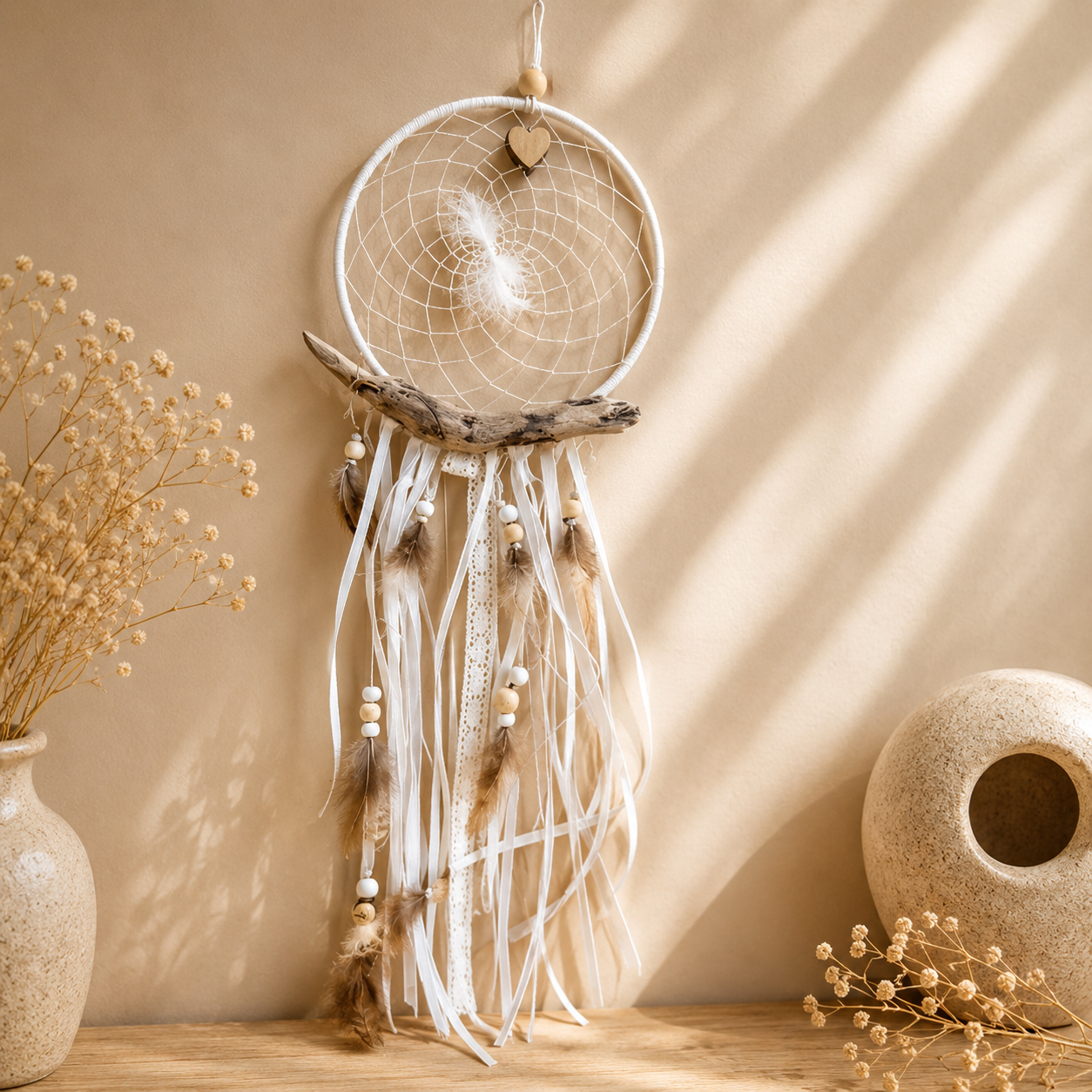 Attrape rêves blanc et beige — attrapes rêves en bois gravé, fait main