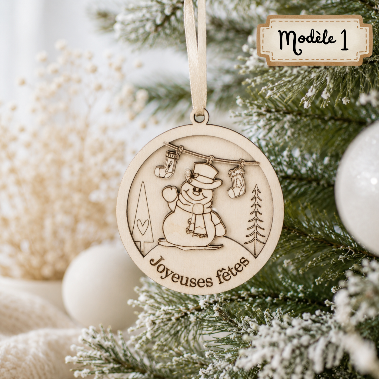 Boule en bois bonhomme de neige