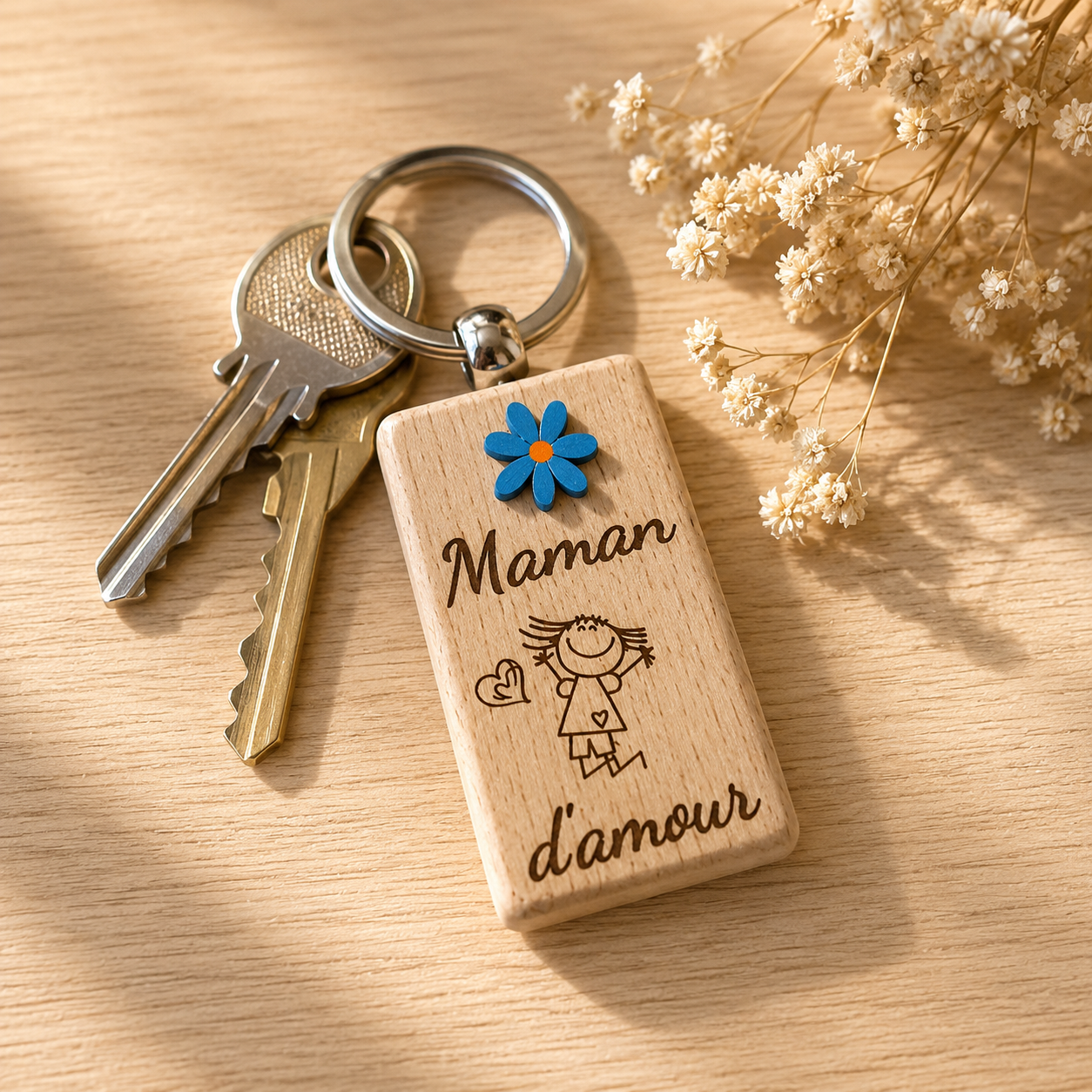 Porte clé "maman d'amour" — création en bois gravée à la main