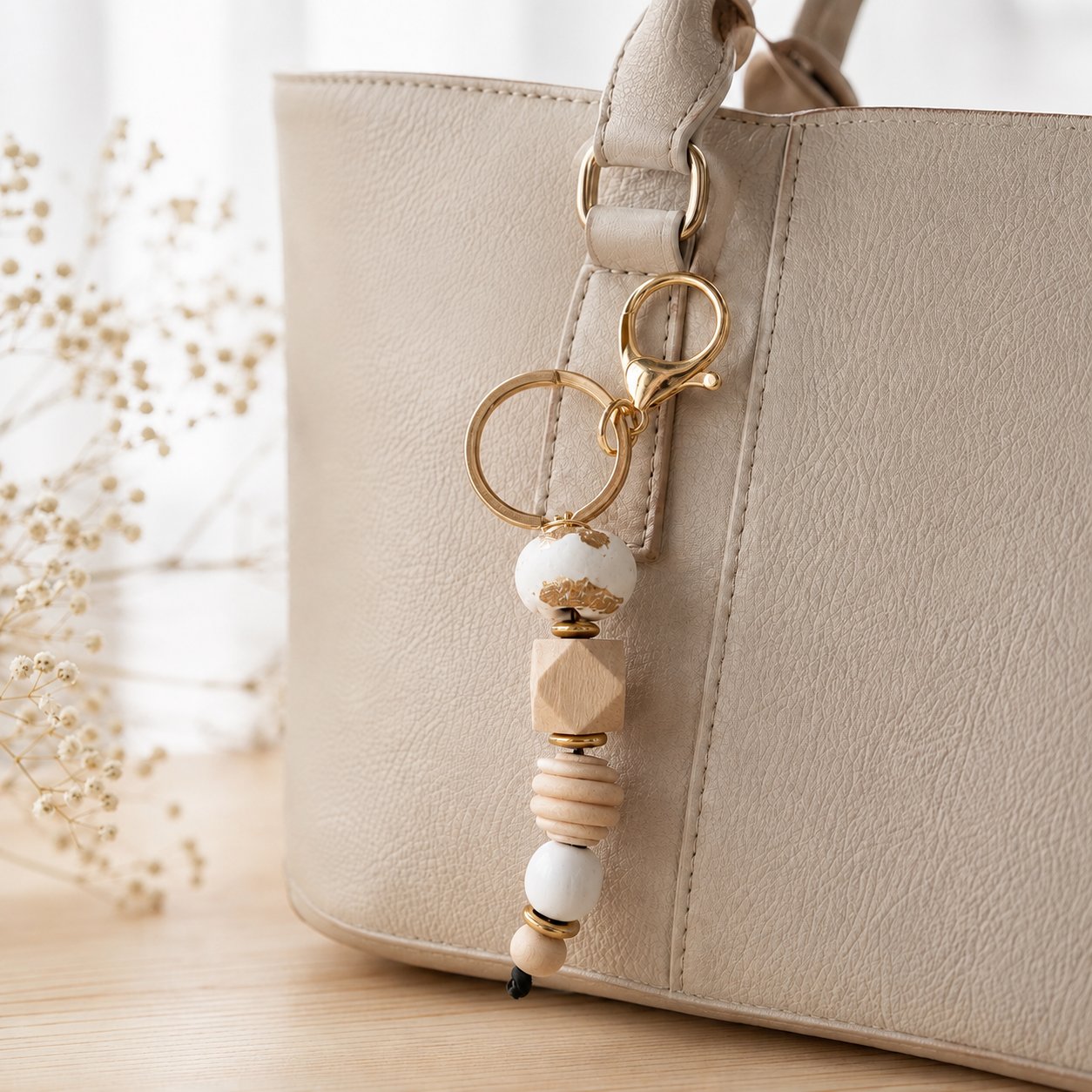 Porte clé de sac or et blanc — création artisanale Scrapnwood