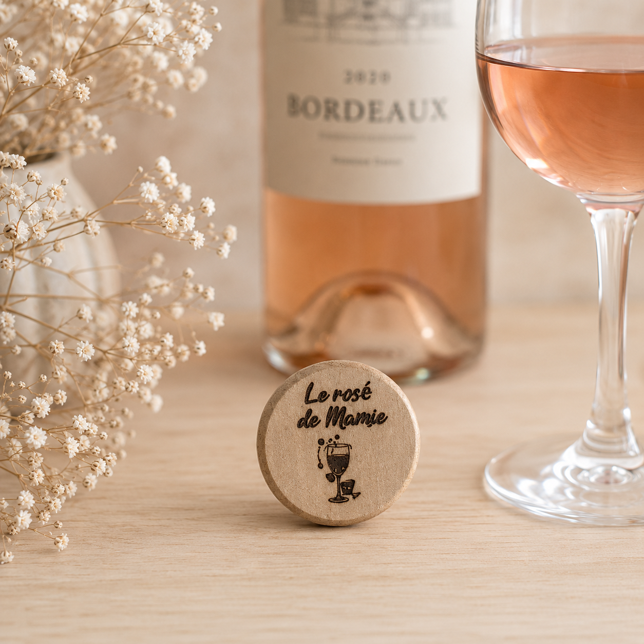 Bouchon "le rosé de mamie" — bouchons de bouteille en bois gravé, fait main