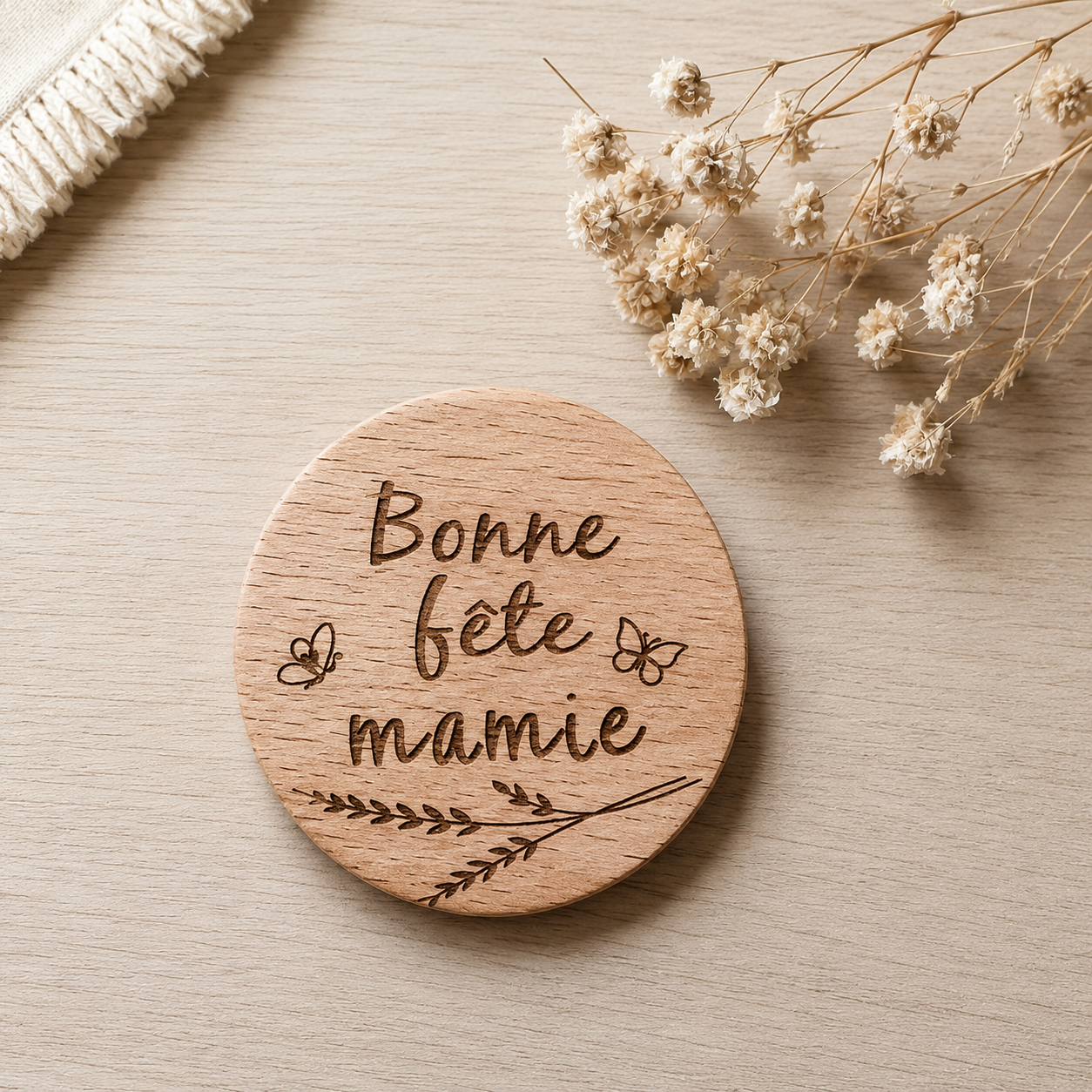 Magnet "bonne fête" — fêtes en bois gravé, fait main