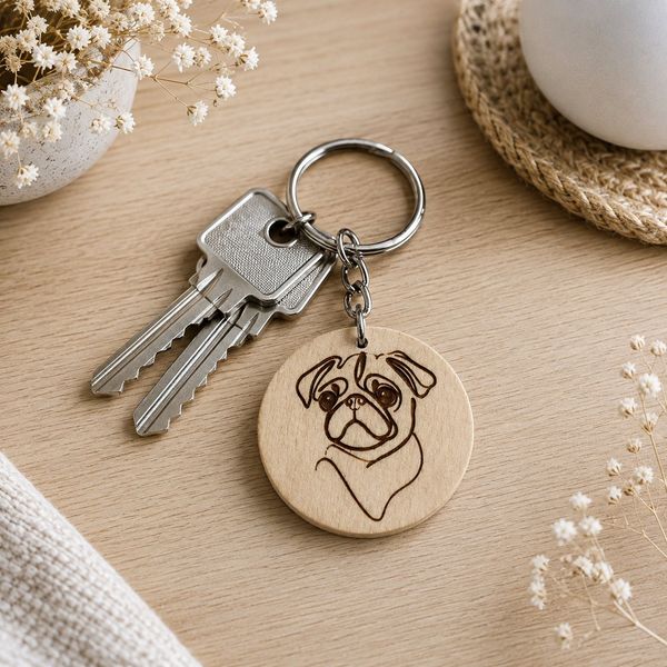 Porte clé en bois pug