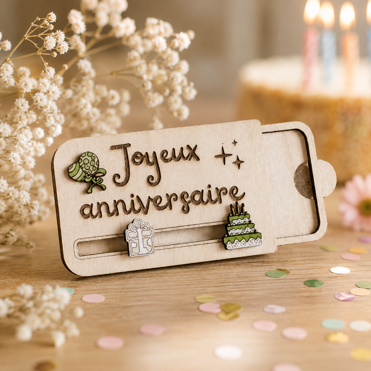 Carte cadeau anniversaire — cartes cadeau gravées en bois gravé, fait main