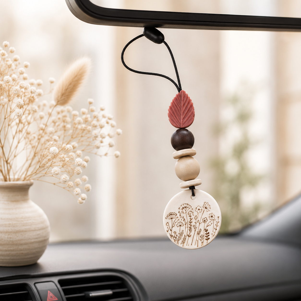 Breloque de voiture feuille — charms et bijoux de voiture en bois gravé, fait main
