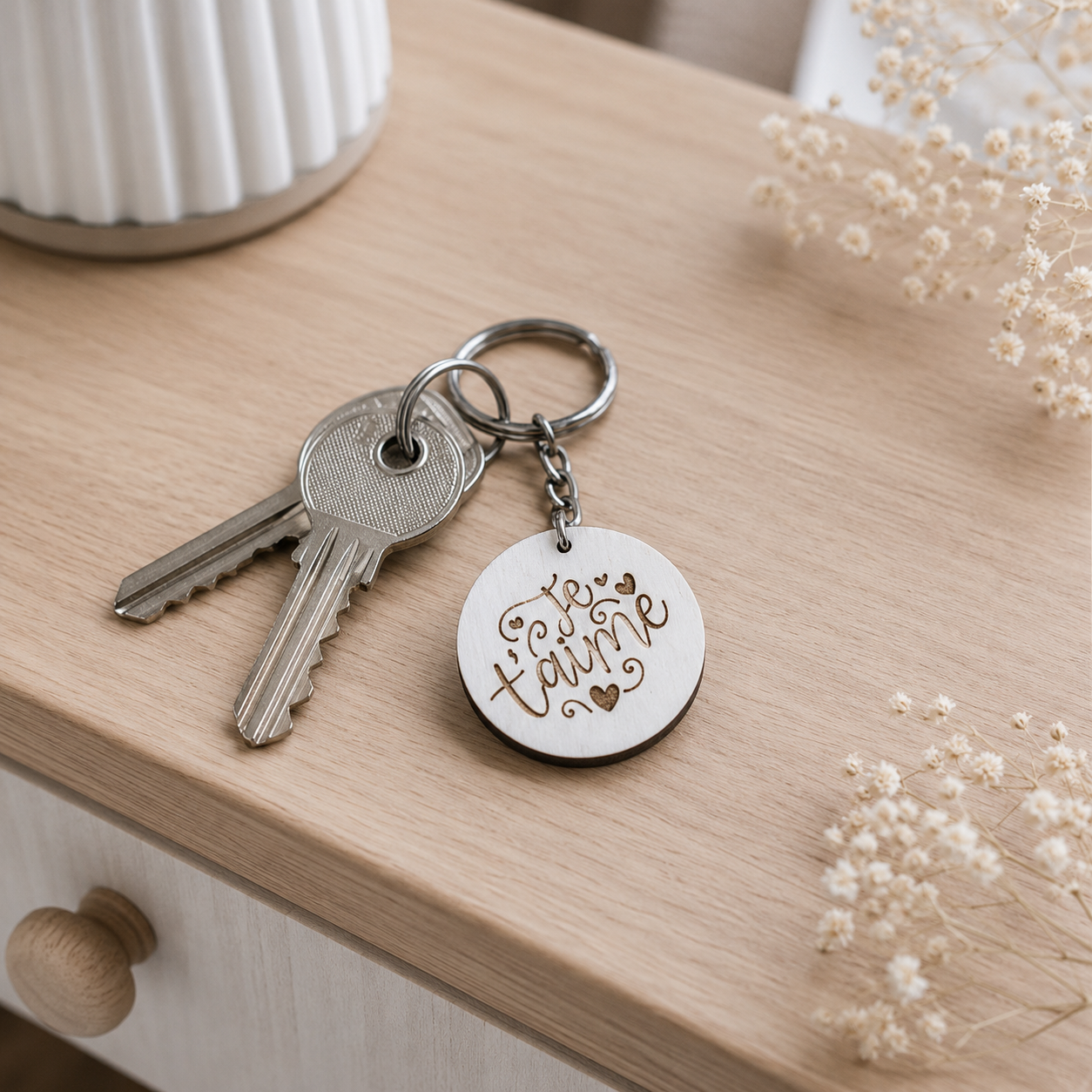 Porte clé en bois "je t'me" — portes clés en bois gravé, fait main