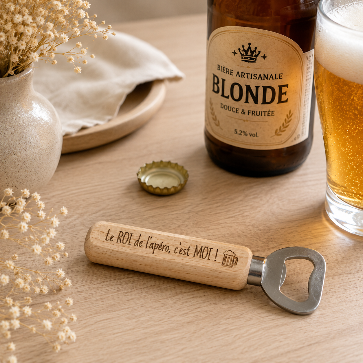 Décapsuleur "le roi de la bière..." — décapsuleurs en bois gravé, fait main