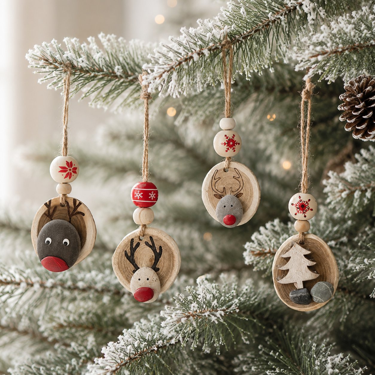 Lot de 4 suspensions sapin galets — noël — création artisanale Scrapnwood