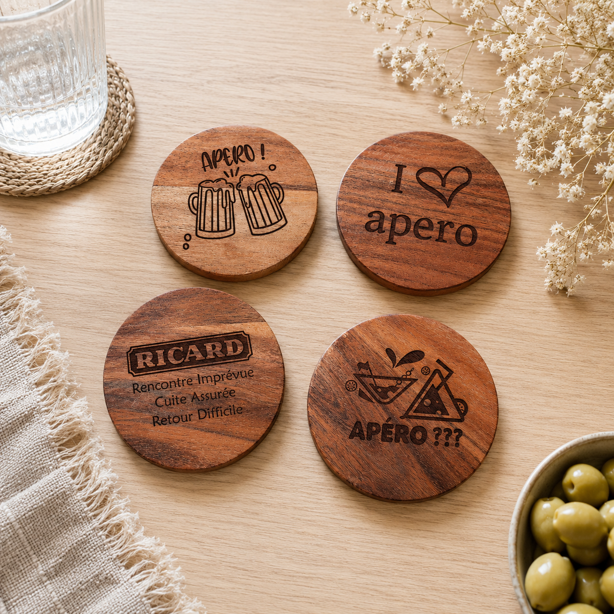 Lot de 4 dessous de verre — dessous de verre et de tasse en bois gravé, fait main