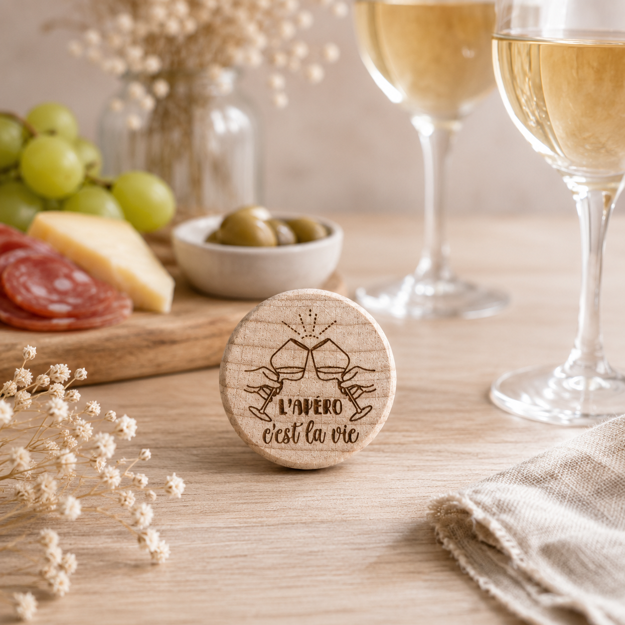 Bouchon "l'apéro, c'est la vie" — bouchons de bouteille en bois gravé, fait main