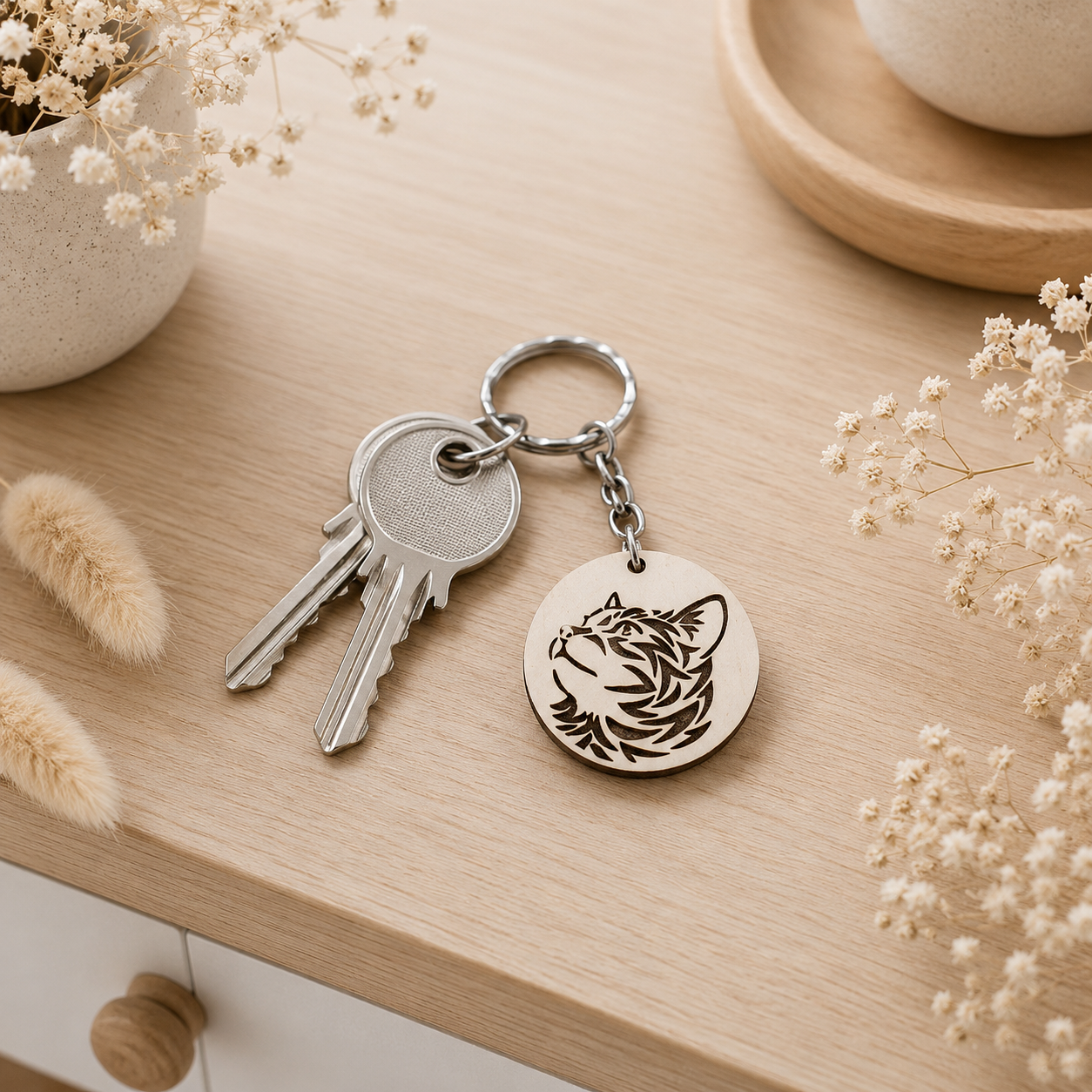 Porte clé en bois chat — portes clés en bois gravé, fait main
