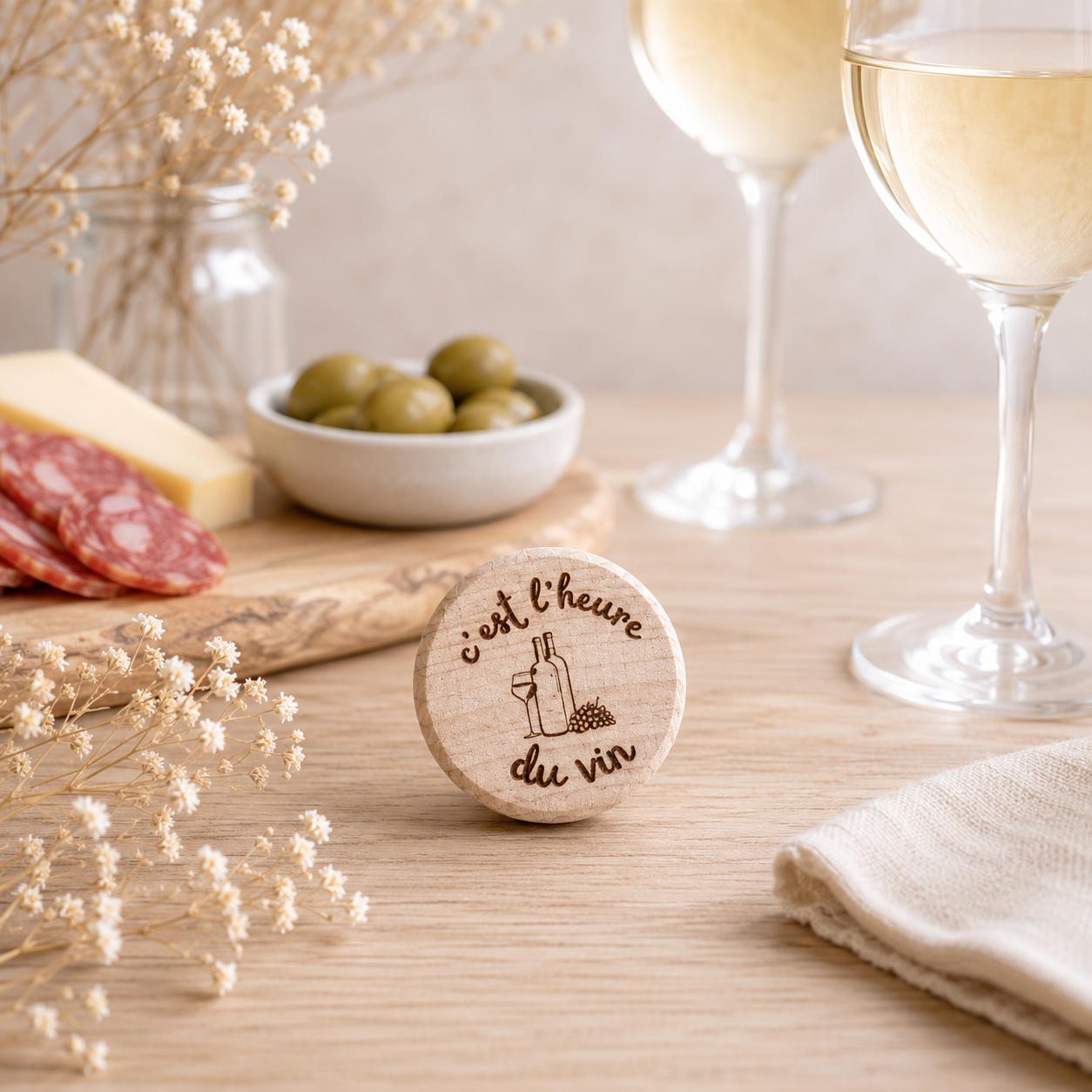 Bouchon "c'est l'heure du vin" — bouchons de bouteille en bois gravé, fait main