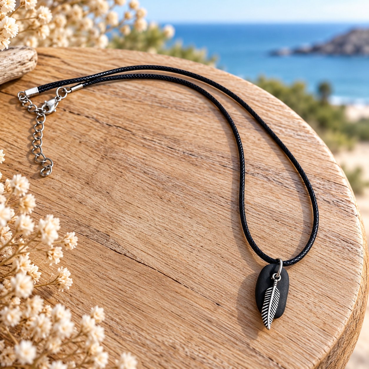 Collier galet plume