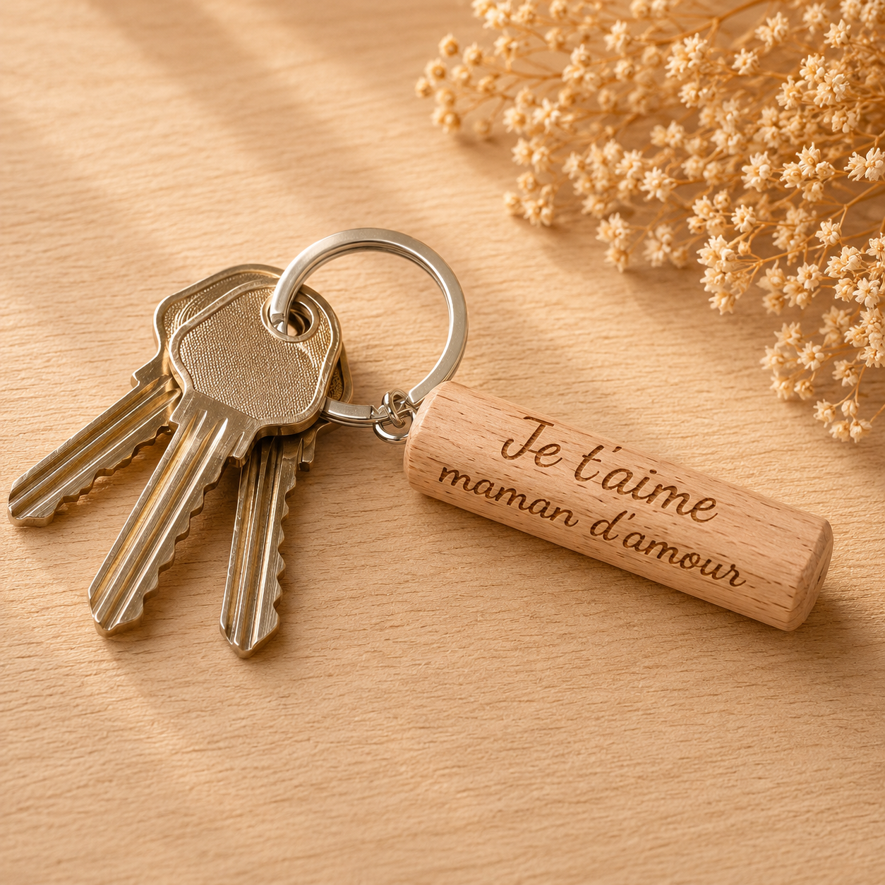 Porte clé message — spécial maman en bois gravé, fait main