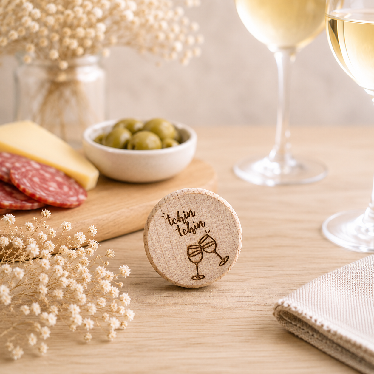 Bouchon "tchin tchin" — bouchons de bouteille en bois gravé, fait main