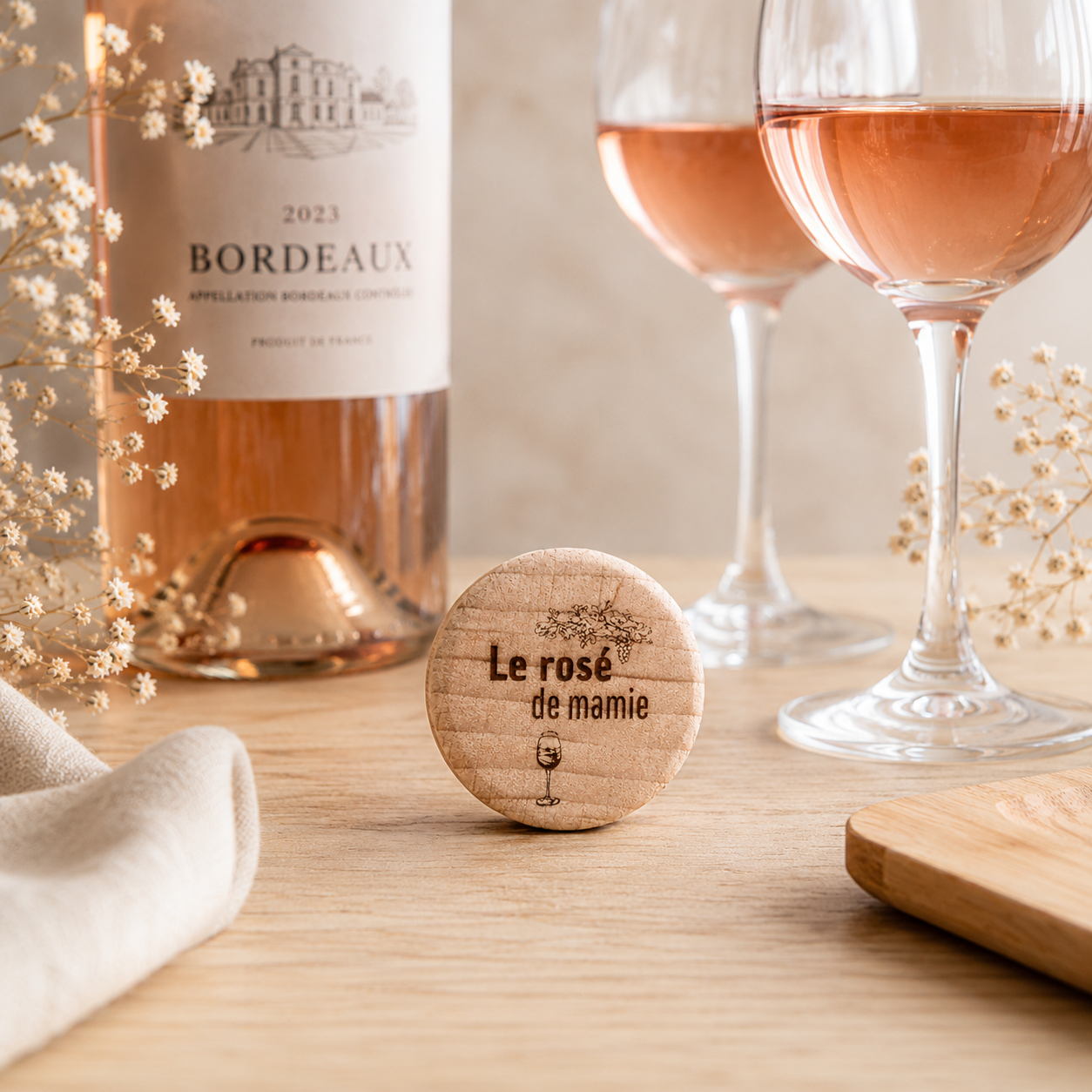 Bouchon "le rosé de mamie" — bouchons de bouteille en bois gravé, fait main