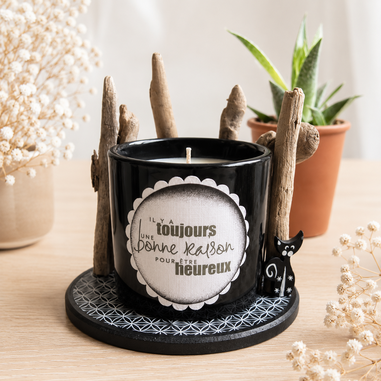 Photophore chat — plaisir d'offrir en bois gravé, fait main