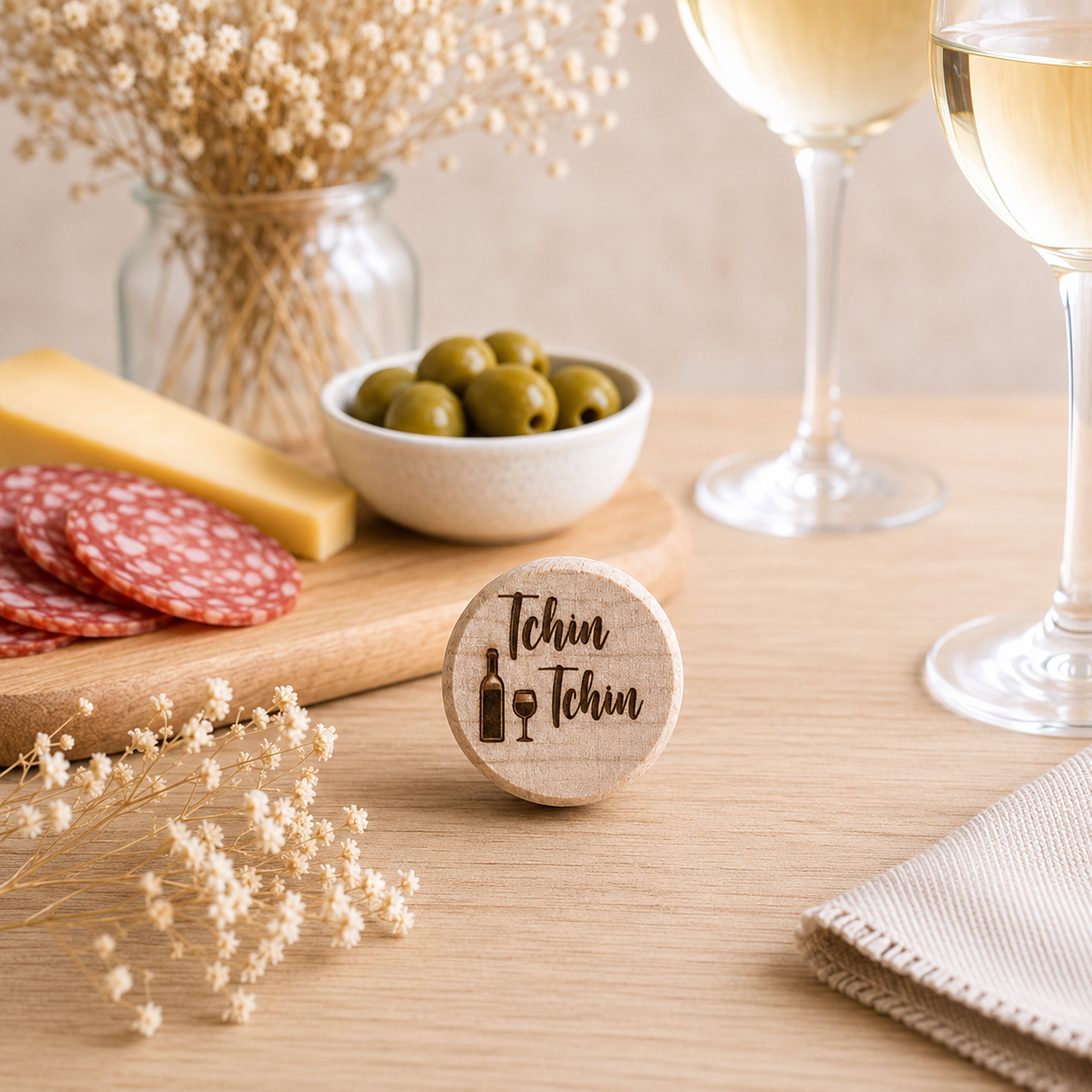 Bouchon "tchin tchin" — bouchons de bouteille en bois gravé, fait main