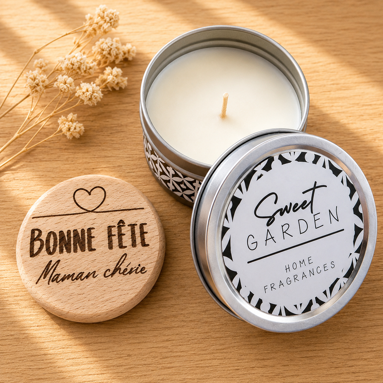Bougie parfumée et son magnet — spécial maman en bois gravé, fait main